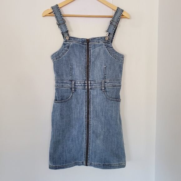 AMERICAN EAGLE Sz 6 Blue Denim Jean Overall Mini Dress Front Zip Straps Stretch - Picture 4 of 14